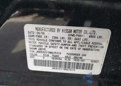 2008 Infiniti G35X z USA, uszkodzony, nr VIN JNKBV61F78M275710